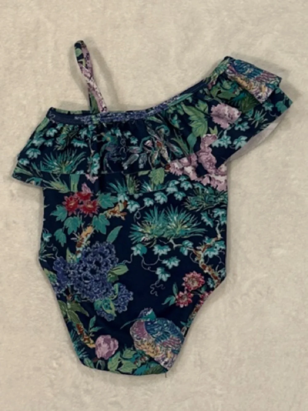 Janie and Jack Navy Floral One-Piece Swimsuit with Purple & Green Accents